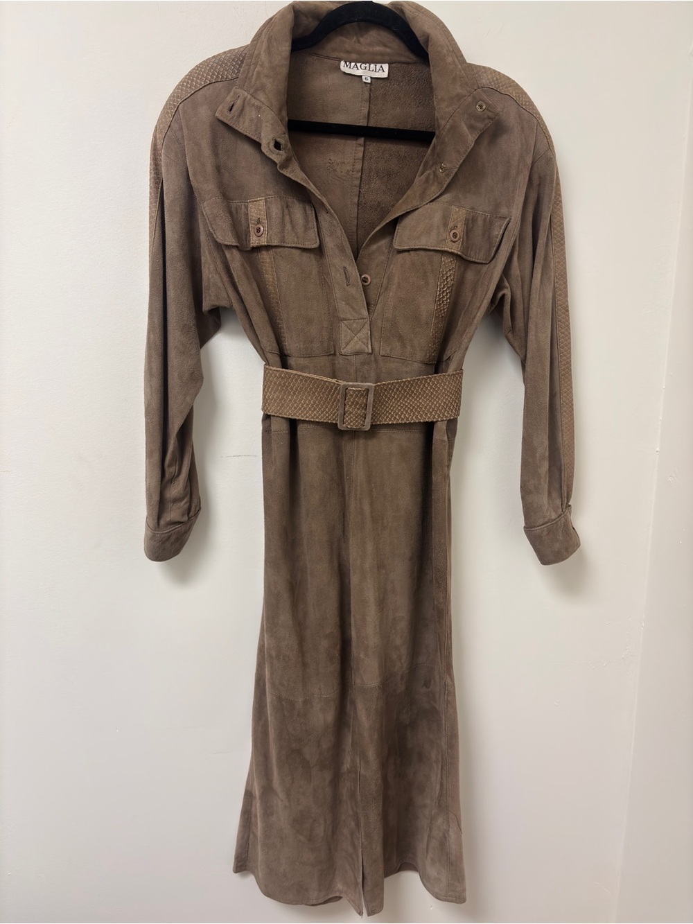 MARCIA Taupe Suede Long-Sleeve Belted Shirt Dress